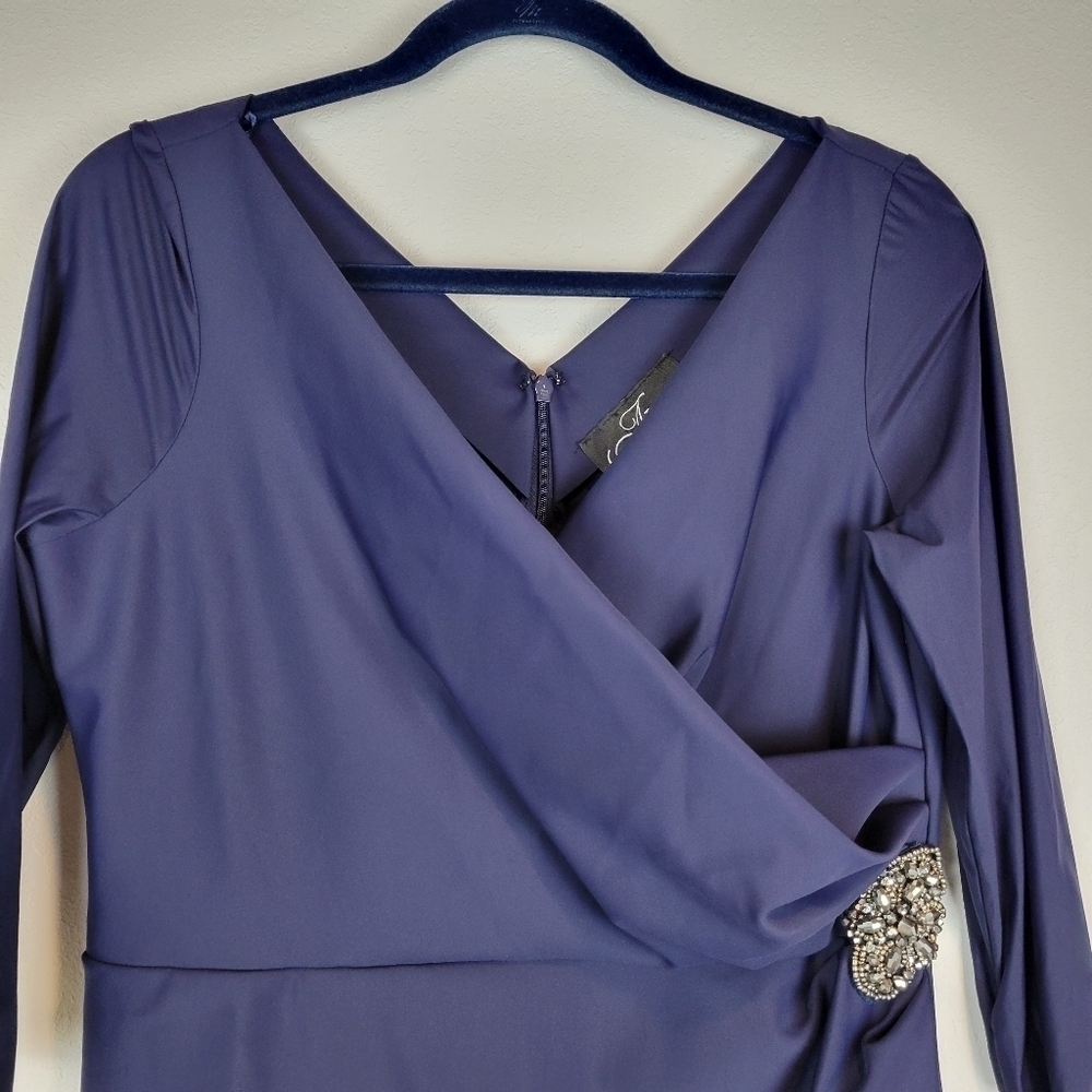 NWT Alex Evenings Surplice Sheath Dress Beaded Hip & Cascade Ruffle Dress Navy - Picture 6 of 14